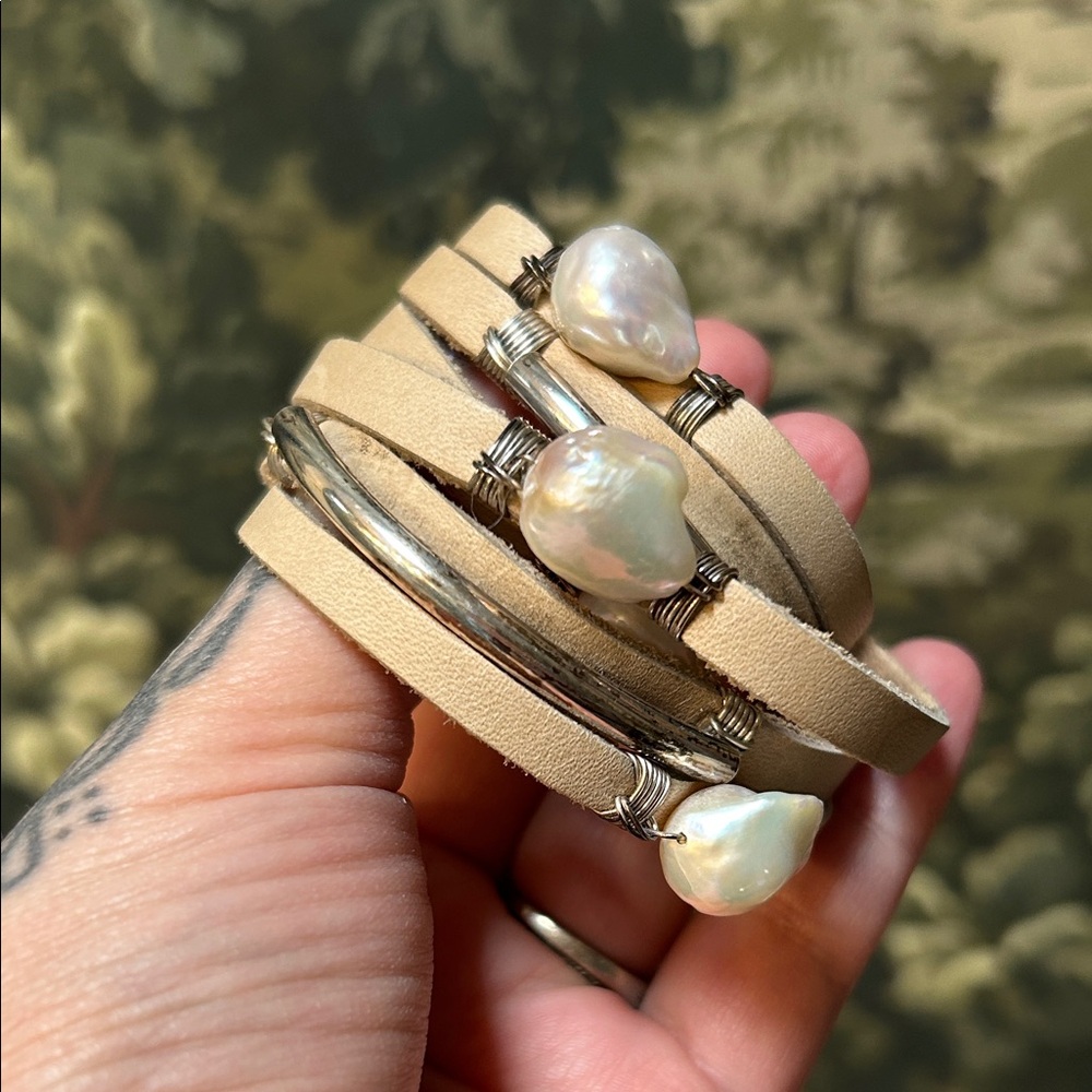 Taylor and Tessier Leather, Pearl and Sterling Silver Wrap Bracelet